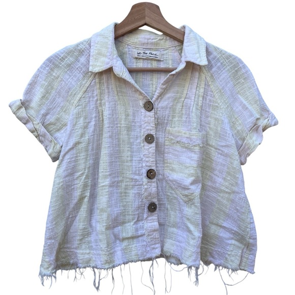 FREE PEOPLE Top Linen Woven Away at Sea Stripe Top Small S boxy Knit - Picture 2 of 12